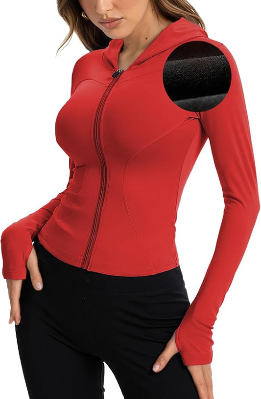 Women Bbl Jackets with Hood Compression Workout Tops Lined or Unlined Lightweight Yoga Gym Jacket with Thumb Hole