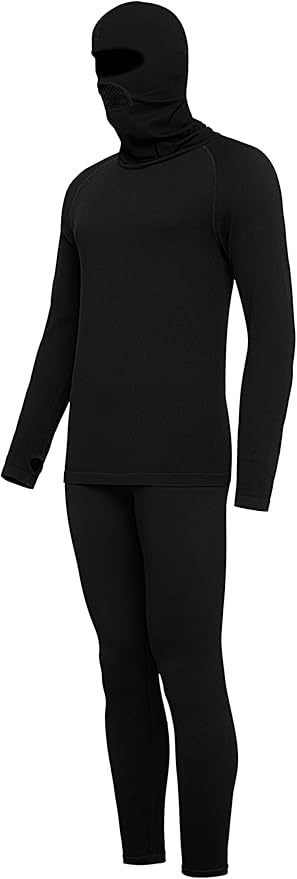 E4M Men’s Thermals Top and Bottom Set - Men’s Long Johns with Ski Mask, Black