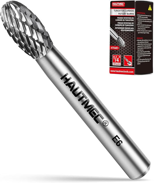 HAUTMEC Tungsten Carbide Rotary Burr Bit – 1/4" Shank, Double Cut Tungsten Rotary File for Die Grinder, Professional Grade, Suit for Metal Carving, Grinding, Engraving & Deburring - HT0451