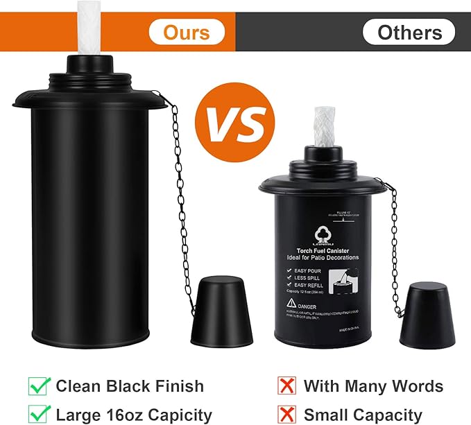 Torch Replacement Canisters 16oz, Outdoor Refillable Canister with Wicks and Caps, Bamboo Citronella Torch Cans for Patio, Garden