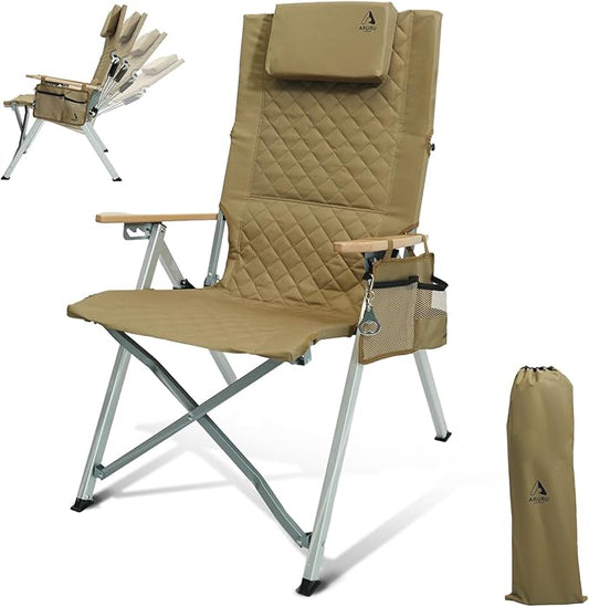 Reclining Camping Chair, Heavy Duty Folding Chairs with 4-Stage Adjustable High Back for Adults, Compact Foldable Outdoor Patio Reclining Chair with Storage Bag (Khaki, 1 Pack)