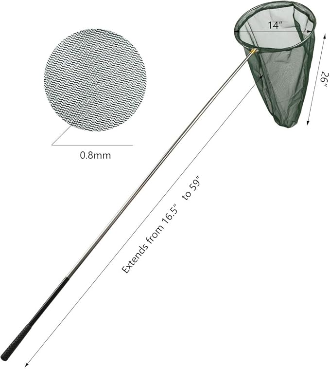 RESTCLOUD Professional Insect and Butterfly Net with 14" Ring, 26" Net Depth, 59" Telescopic Handle Full Extends to 73" Stainless Lockable