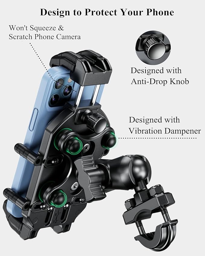 BRCOVAN Motorcycle Phone Mount Holder with Vibration Dampener & High-Speed Secure Lock, Adjustable Handlebar Cellphone Clamp for Bike Bicycle Scooter ATV, Fit 5.4-7.2'' Smartphone, Big Phone Friendly