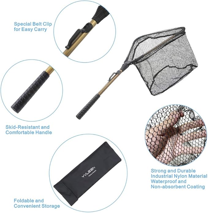 YVLEEN Folding Fishing Net - Foldable Fish Landing Net Robust Aluminum Telescopic Pole Handle and Nylon Mesh 16inch Hoop Size