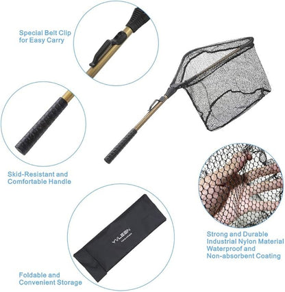 YVLEEN Folding Fishing Net - Foldable Fish Landing Net Robust Aluminum Telescopic Pole Handle and Nylon Mesh 16inch Hoop Size