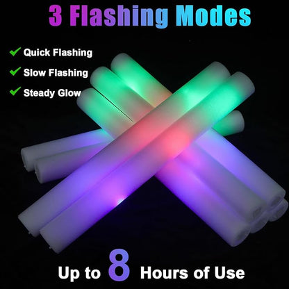 30 PCS Foam Glow Sticks, Colorful Foam Light Up Sticks for Party Supplies with 3 Flashing Modes, Long-Lasting Led Glow Stick Bulk for Birthday, Wedding, Carnival, Concert