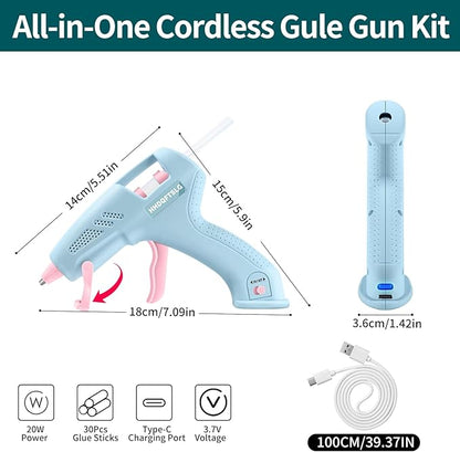 20W Cordless Hot Glue Gun,Glue Gun with 30 Glue Sticks (7×150mm),90s Fast Heating,2600mAh Type-C Rechargeable Mini Glue Gun for DIY Crafts,Home Repairs,Kids' School Projects & Gift Making-Blue