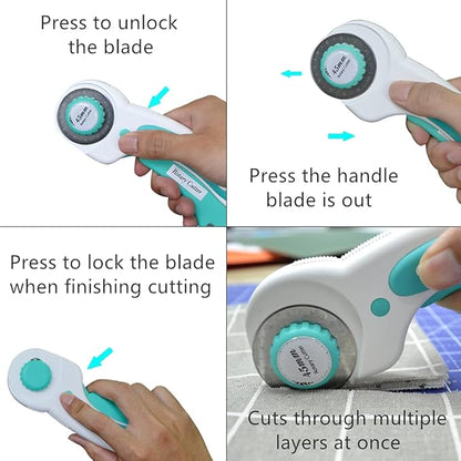 Headley Tools 45mm Rotary Cutter with 9pcs Extra Rotary Blades, Ergonomic Rolling Cutter with Safety Lock for Fabric, Sewing, Quilting, Cloth, Paper, Leather, Crafting, Fabric Rotary Cutter (Cyan)