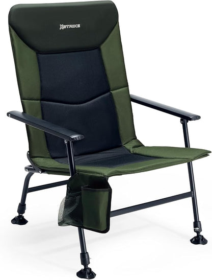 X Strike Oversized Folding Fishing Chair with Rod Holder Heavy Duty 350LBS, Feet Adjustable Padded Camping Chair with Cup Holder Side Pocket Hard Armrest