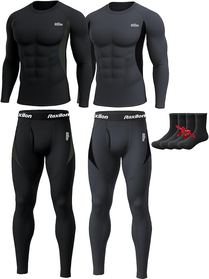 2 Pack Thermal Underwear Long Johns for Men Fleece Lined Base Layer Tops and Bottoms Set Cold Weather Winter Gear