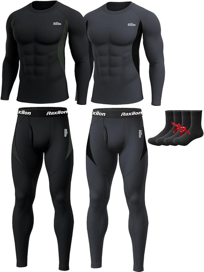 2 Pack Thermal Underwear Long Johns for Men Fleece Lined Base Layer Tops and Bottoms Set Cold Weather Winter Gear