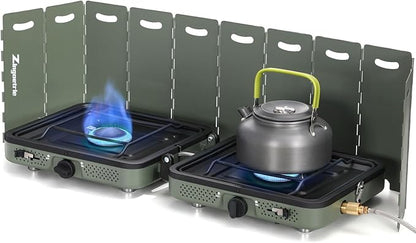 Zingoetrie Camping Stove Propane Burner 17000 BTU Adjustable 2 Burners with Windscreen Foldable Portable Stove Double Burner Stove with Bag Suitable for Outdoor Camping Partying