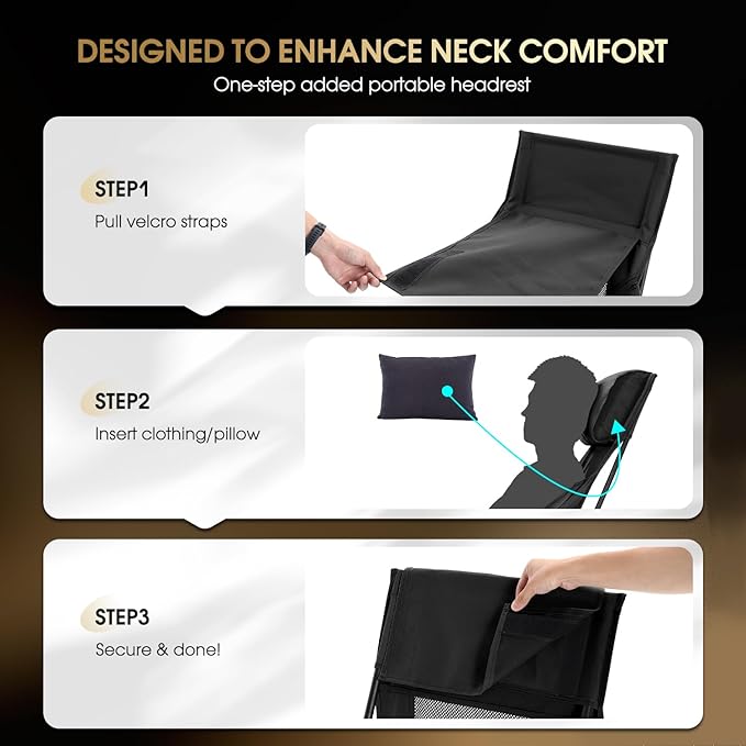 MOON LENCE Oversized Camping Chair with Pillow for Adults, Height Adjustable High-Back Folding Camping Chair with 400 lbs Capacity, Hidden Pillow Pocket for Camping, Hiking, Picnics, Black