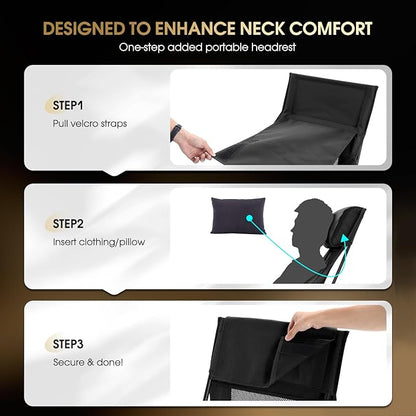 MOON LENCE Oversized Camping Chair with Pillow for Adults, Height Adjustable High-Back Folding Camping Chair with 400 lbs Capacity, Hidden Pillow Pocket for Camping, Hiking, Picnics, Black