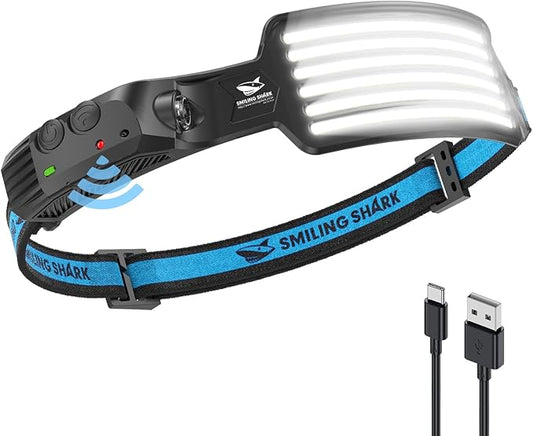 Smiling Shark Rechargeable Headlamp, 230°Wide Angle 6*White Light The Brightest LED Head Lamp with Motion Sensor Waterproof Headlight for Camping Hiking Outdoor, Head-Lamp-LED-Frontale-Rechargeable