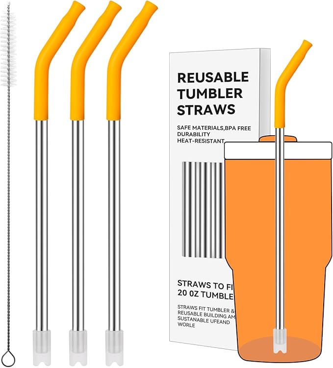 Reusable Metal Straws with Silicone Tip for Stanley 20oz,Stainless Steel Drinking Straws for 20oz Tumbler,3 Straight Tubes & 6 Tips& 1 Cleanr Brush(Goldenrod)