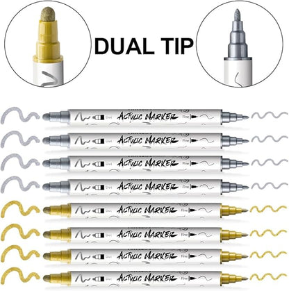 TRANSON 4 Silver and 4 Gold Paint Markers Bold and Fine Dual-tip Acrylic Paint Marker Set for Rock Painting Glass Canvas Wood Leather Ceramic Painting