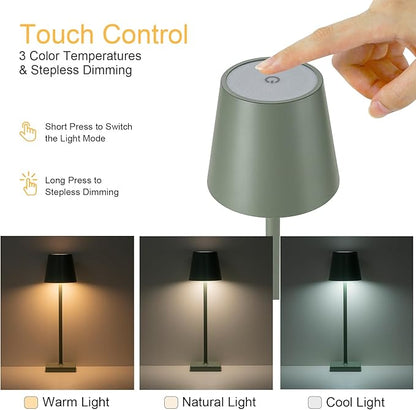 2 Pack Rechargeable Cordless Table Lamps, 5200mAh Battery Touch Table Light, Aluminum Shell Stepless Dimmable Portable LED Desk Lamp for Dinner/Restaurant/Outdoor Green