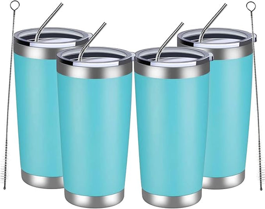 MEWAY 20oz Tumbler 4 Pack Double Wall Vacuum Insulated Travel Mug Bulk, Stainless Steel Tumblers with Lid and Straw, Durable Powder Coated Coffee Cups for Cold & Hot Drinks (Light Blue, 4)