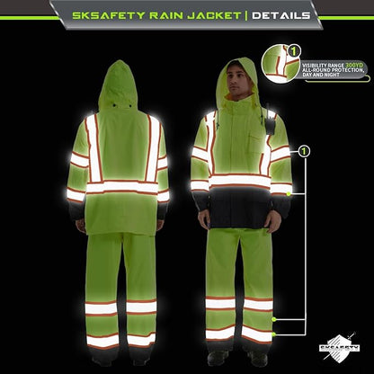 SKSAFETY Hi Vis Reflective Rain suits for Men Waterproof - High Vis Safety Rain Jacket, High Visibility Raincoat for Men