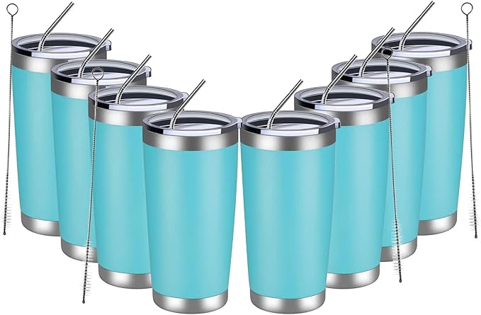 MEWAY 20oz Tumbler 8 Pack Double Wall Vacuum Insulated Travel Mug Bulk, Stainless Steel Tumblers with Lid and Straw, Durable Powder Coated Coffee Cups for Cold & Hot Drinks (Light Blue, 8)