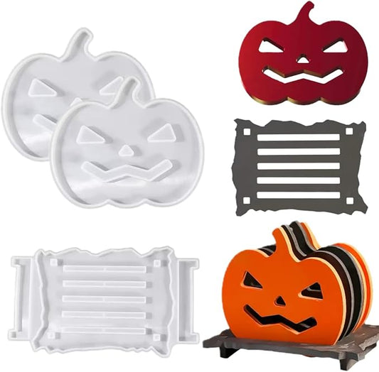 3 Pcs Pumpkin Epoxy Coaster Resin Molds Silicone with Holder, Halloween Pumpkin Coaster Molds Holder Set for Epoxy Resin, DIY Art Craft Cup Mats