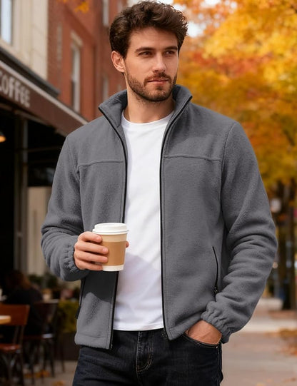 Mens Polar Fleece Jacket Full Zip Lightweight Casual Outdoor Jackets Stand Collar Warm Coats with Pockets