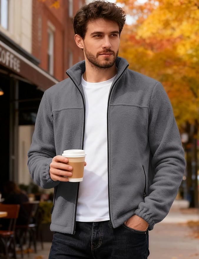 Mens Polar Fleece Jacket Full Zip Lightweight Casual Outdoor Jackets Stand Collar Warm Coats with Pockets