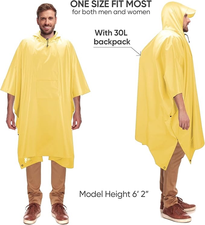 PTEROMY Hooded Rain Poncho for Adult with Pocket, Waterproof Lightweight Unisex Raincoat for Hiking Camping Emergency