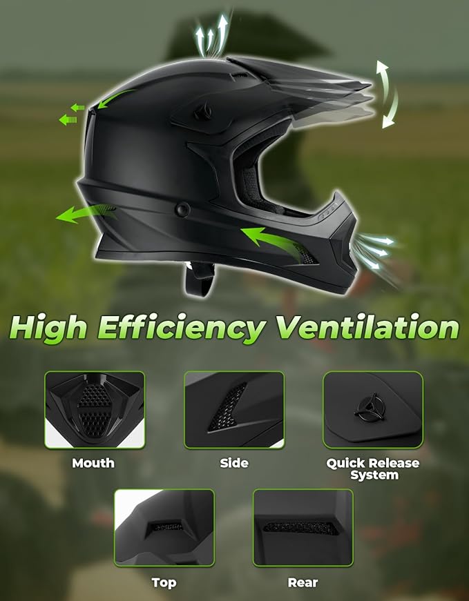 SLMOTO Youth ATV Helmet DOT Youth Kids Motocross Offroad Street Dirt Bike Helmet Motorcycle ATV Full Face Helmet with Goggles Gloves, Matte Black Medium