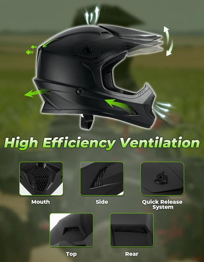 SLMOTO Youth ATV Helmet DOT Youth Kids Motocross Offroad Street Dirt Bike Helmet Motorcycle ATV Full Face Helmet with Goggles Gloves, Matte Black Small