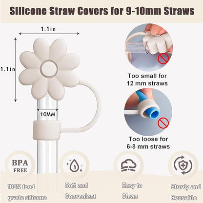6PCS Silicone Straw Covers Toppers for Stanley Cups 30&40 Oz Tumbler Accessories Flower Straw Caps Black Blue Dust-Proof Reusable Straw Tips Protectors for Stanley Cup 10mm 0.4in Straws