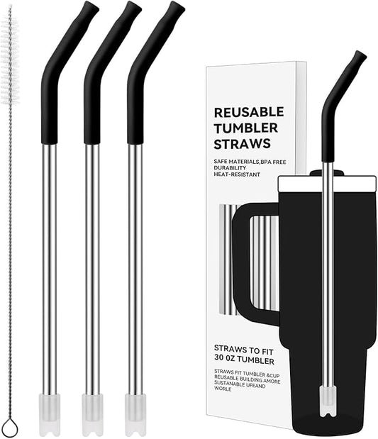 Reusable Metal Straws with Silicone Tip for Stanley 30oz,Stainless Steel Drinking Straws for 30oz Tumbler,3 Straight Tubes & 6 Tips& 1 Cleanr Brush (Black)