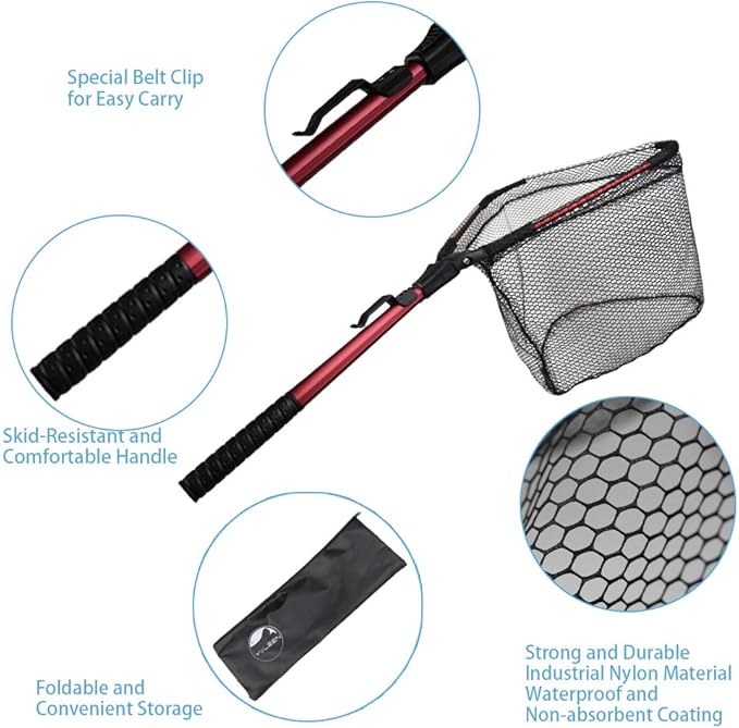 YVLEEN Folding Fishing Net - Foldable Fish Landing Net Robust Aluminum Telescopic Pole Handle and Nylon Mesh 16inch Hoop Size