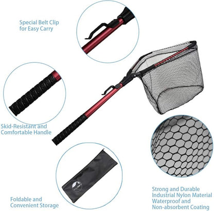 YVLEEN Folding Fishing Net - Foldable Fish Landing Net Robust Aluminum Telescopic Pole Handle and Nylon Mesh 16inch Hoop Size