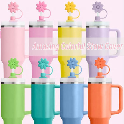 8PCS Silicone Straw Covers Toppers for Stanley Cups 30&40 Oz Tumbler Accessories Flower Straw Caps Pink Blue Dust-Proof Reusable Straws Tips Protectors for Stanley Cup 10mm 0.4in Straws