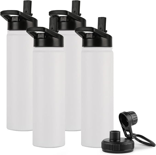 DOMICARE Insulated Water Bottle, 22 oz Vacuum Insulated Stainless Steel Reusable Sports Bottle with Straw Lid & Spout Lid for Travel, Camping, Bike, Leakproof, White, 4 Pack