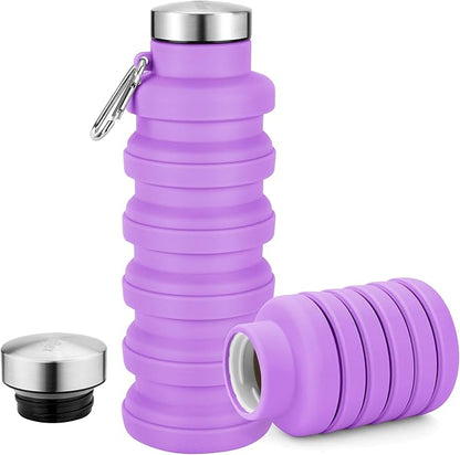 Collapsible Water Bottles 17oz, Portable Leak-Proof Travel Water Bottle, Reusable BPA Free Silicone Foldable Water Bottle with Carabiner for Gym, Traveling, Camping, Hiking, Sports-Purple