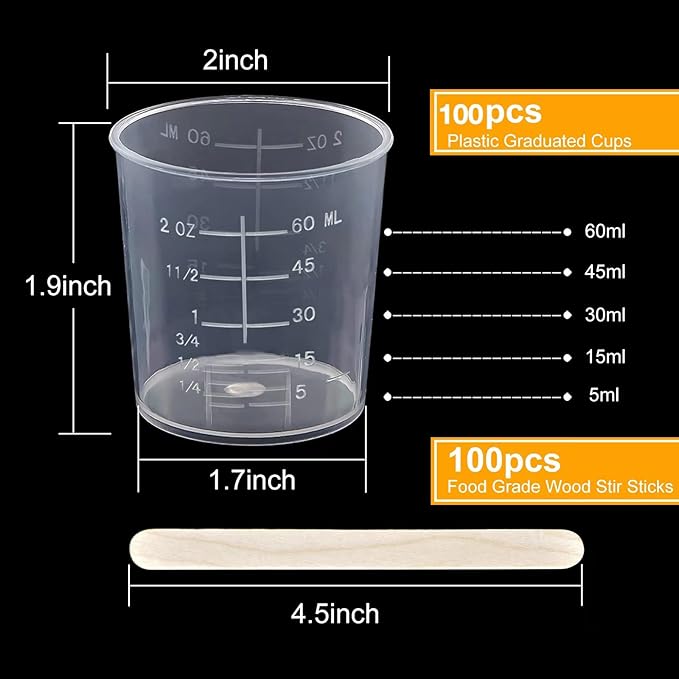 Coopay 100 Pack 60ml/2oz Plastic Graduated Cups Transparent Scale Cups Clear Epoxy Mixing Cylinder with 100 Pack Wooden Stirring Sticks for Resin, Epoxy, Stain, Mixing Paint