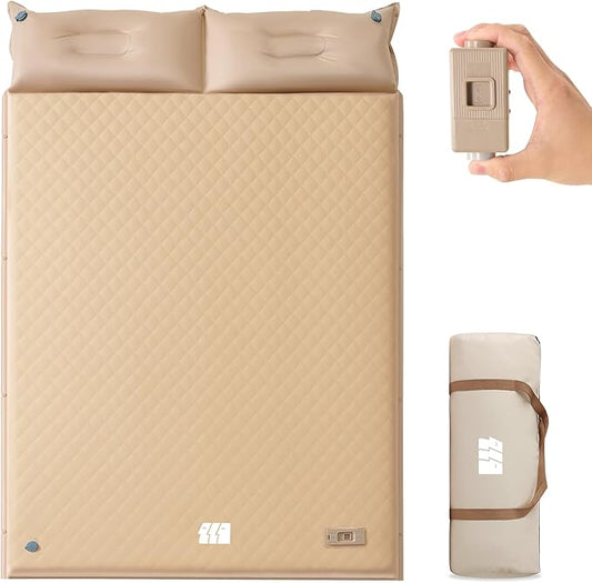 Self Inflating Sleeping Pad with Pump, 3.14" Thick Memory Foam Double Sleeping Mats with Pillow (Khaki)