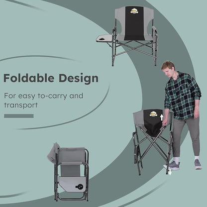 Oversized Directors Camping Chair Support 600 LBS, Heavy Duty Folding Outdoor Chairs with Detachable Side Pocket and Adjustable Side Table for Outside Beach,Lawn,Fishing (Black)