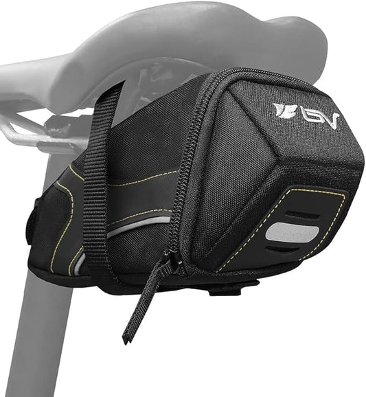 BV Strap-On Bike Bag with Reflective Material - Capacious Saddle Bag with Seperate Divider for Small Items & Room for All Your Essentials - Bike Pouch with Taillight Hanger for Maximum Safety