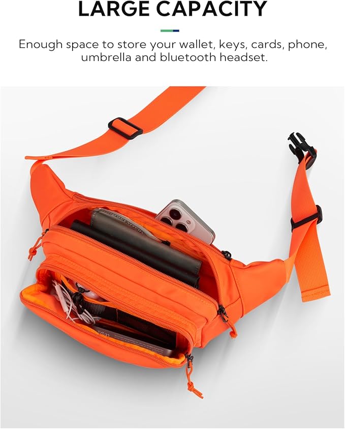 WATERFLY Fanny Pack Waist Packs: Large Crossbody Fanny Packs for Women Men with 5 Zipper Pockets Adjustable Strap Waist Bags Hip Pack for Traveling Cycling Running Hiking-Orange