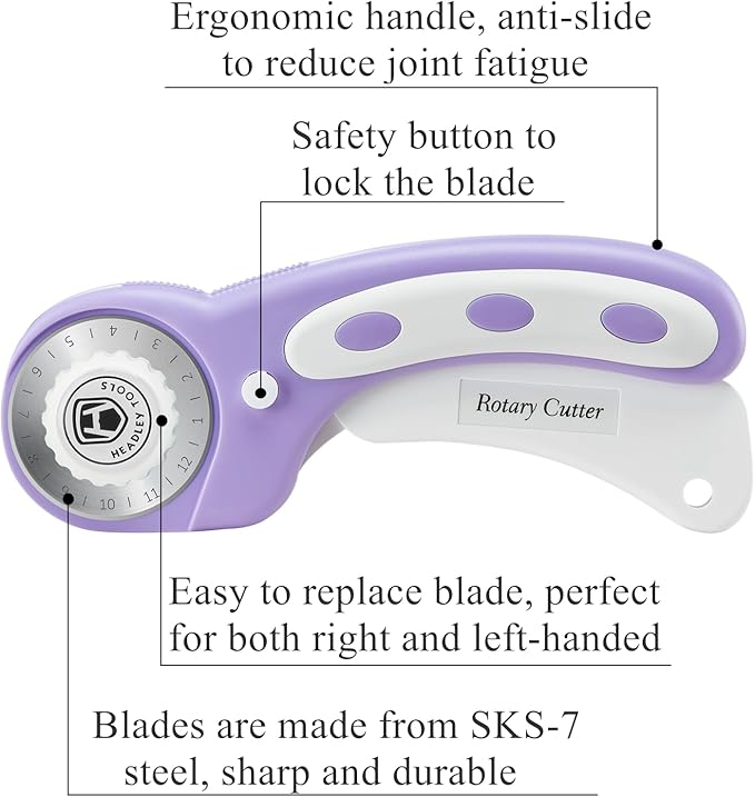 Headley Tools 45mm Rotary Cutter for Fabric, Ergonomic Handle Rolling Cutter with Safety Lock for Fabric Leather Crafting Sewing Quilting, Fabric Cutter Wheel Perfect for Left & Right Hand (Purple)