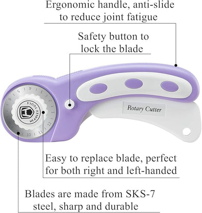Headley Tools 45mm Rotary Cutter for Fabric, Ergonomic Handle Rolling Cutter with Safety Lock for Fabric Leather Crafting Sewing Quilting, Fabric Cutter Wheel Perfect for Left & Right Hand (Purple)