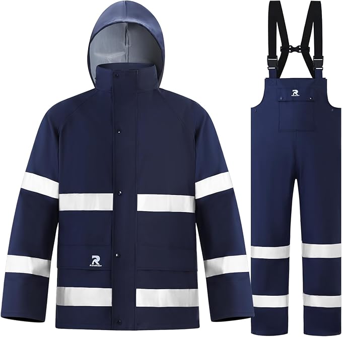 RainRider Rain Suits for Men Women Waterproof Reflective Rain Coat and Bib Pants for Safety Heavy Duty Rain Gear Fishing