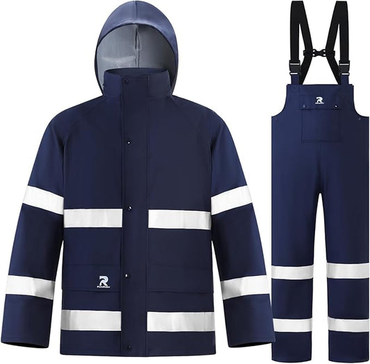 RainRider Rain Suits for Men Women Waterproof Reflective Rain Coat and Bib Pants for Safety Heavy Duty Rain Gear Fishing