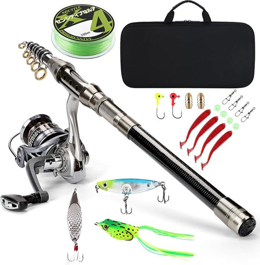 Fishing Rod Telescopic Carbon Fiber Rod Combo with Spinning Reel Portable Tackle Case Fishing Line Artificial Baits and Hooks for Travel Saltwater Freshwater Fishing