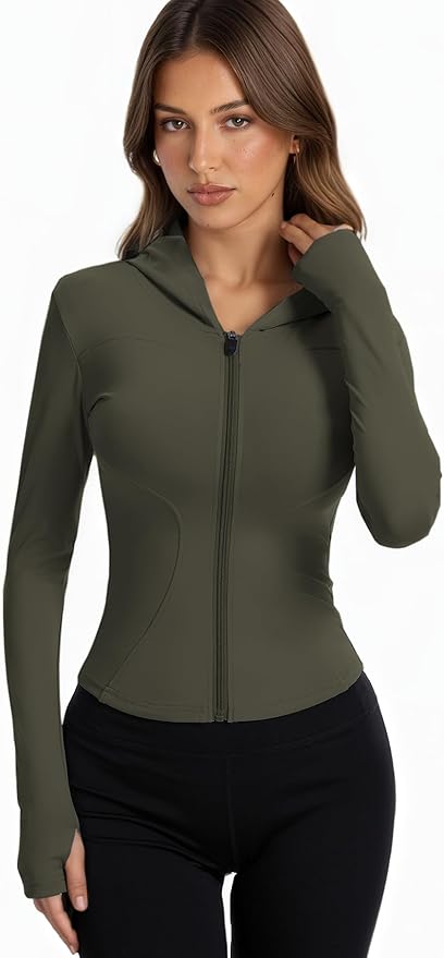 Women Bbl Jackets with Hood Compression Workout Tops Lined or Unlined Lightweight Yoga Gym Jacket with Thumb Hole