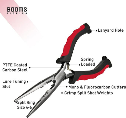 Booms Fishing F03 Needle Nose Fishing Pliers, 9" Fisherman's Pliers, Long Nose Hook Remover, Saltwater Resistant Fishing Gear, Red